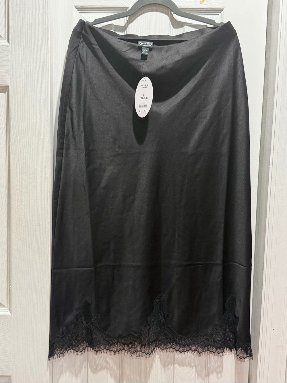 Scoop Black Midi Slip Skirt with Lace Trim